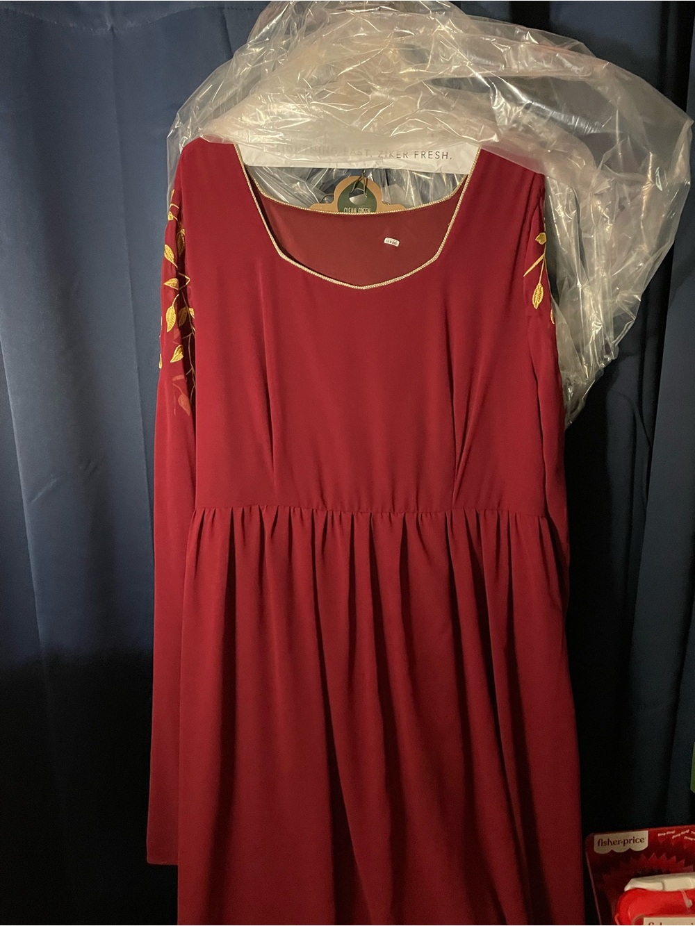 Women's Maroon Long-Sleeve Embroidered Dress